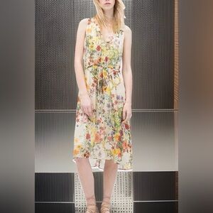 Zara Women’s Multi Floral Midi Dress W/Front Gathering & Gold Threading-XS-EUC
